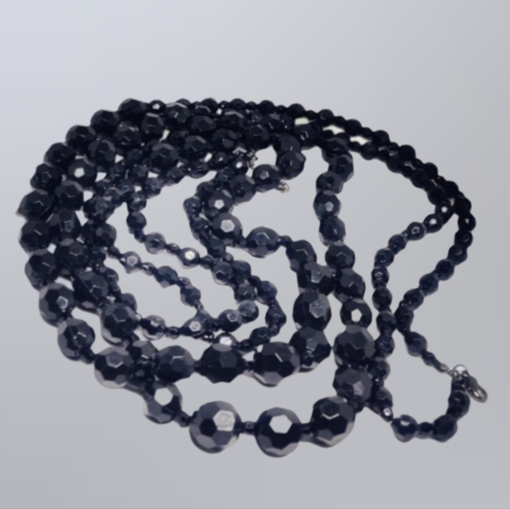 Long Black Necklace with Multifaceted Beads